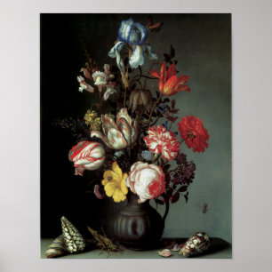 Poster Fleurs dans un vase avec des coquilles et des inse