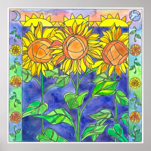 Poster Fleurs d'aquarelle de tournesol Lune de soleil (Devant)