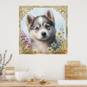 Poster Fleurs d'aquarelle et chiot sibérien Husky (Cuisine)