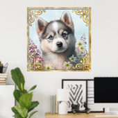 Poster Fleurs d'aquarelle et chiot sibérien Husky (Bureau à domicile)