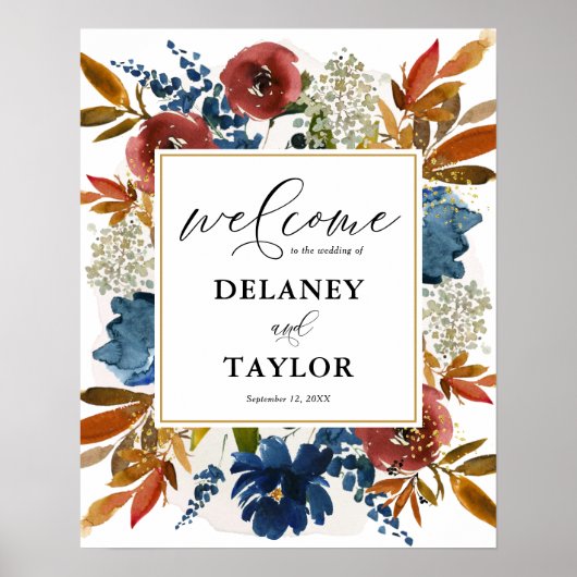 Poster Fleurs d'aquarelle marine et rouille Boho Bienvenu (Devant)