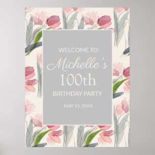 Poster Fleurs d'aquarelle rose 100e anniversaire Femmes