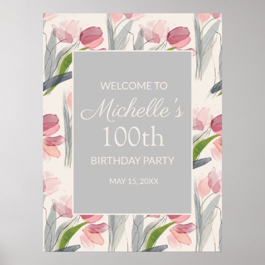Poster Fleurs d'aquarelle rose 100e anniversaire Femmes (Devant)