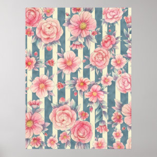 Poster Fleurs d'aquarelle rose sur bandes