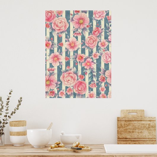 Poster Fleurs d'aquarelle rose sur bandes (Cuisine)