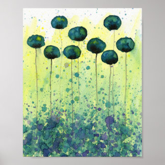 Poster Fleurs d'aquarelle turquoise et jaune, Mur moderne