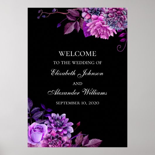 Poster Fleurs d'aquarelle violet. Mariage noir (Devant)