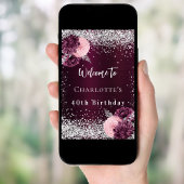 Poster Fleurs d'argent bordeaux d'anniversaire bienvenue