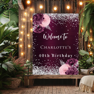 Poster Fleurs d'argent bordeaux d'anniversaire bienvenue