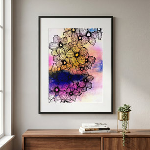 Poster Fleurs d'art en ligne noire sur fond d'aquarelle p