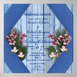 Poster Fleurs d'arty rose sur la texture de bois bleu