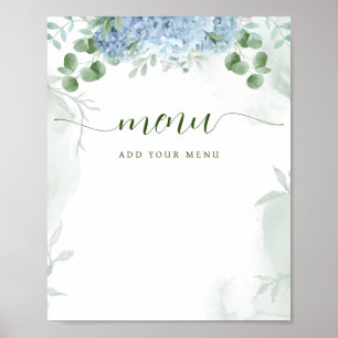 Poster Fleurs de Baby Shower Menu Hortensia Bleu