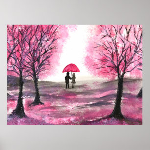 Poster Fleurs de cerisier rustique Amour couple Parapluie