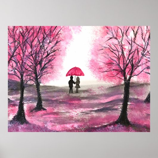 Poster Fleurs de cerisier rustique Amour couple Parapluie (Devant)