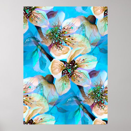 Poster Fleurs de cerisier Sakura japonaises en bleu Aqua (Devant)