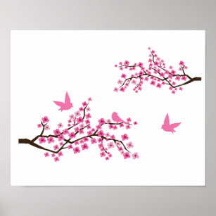Poster Fleurs de cerisiers et oiseaux