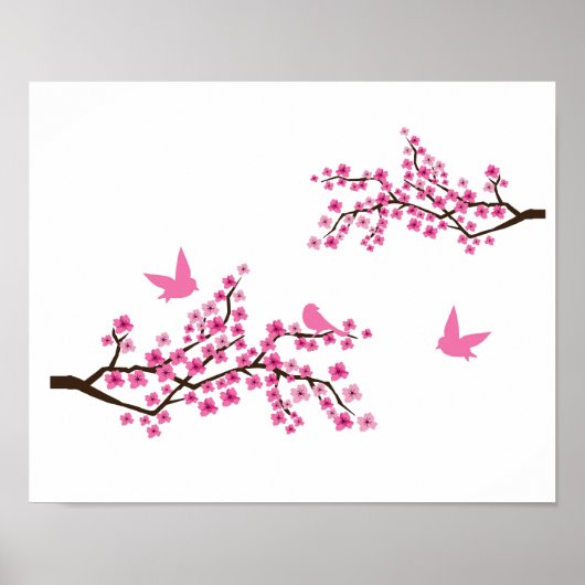 Poster Fleurs de cerisiers et oiseaux (Devant)