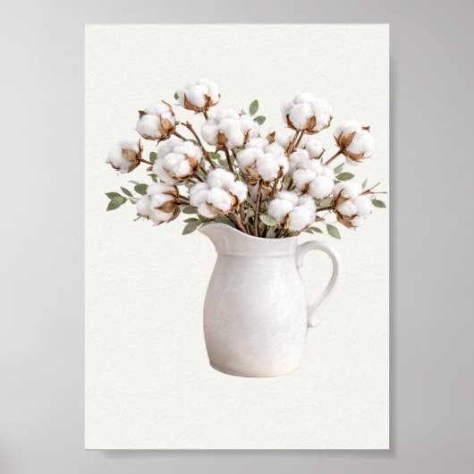 Poster Fleurs de coton dans un pichet blanc Botanique Fer (Devant)