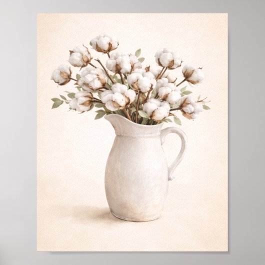 Poster Fleurs de coton dans un pichet blanc Neutral Farmh (Devant)