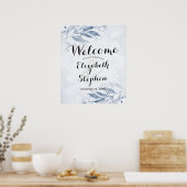 Poster Fleurs de feuilles d'aquarelle bleue Chic Bienvenu (Cuisine)