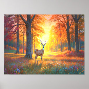 Poster Fleurs de forêt colorées et art de cerf