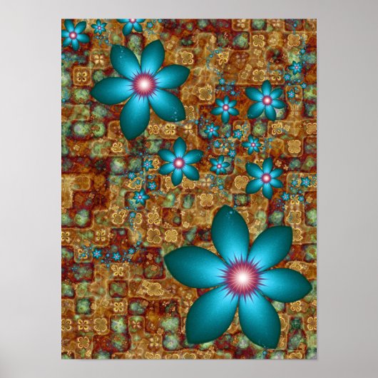 Poster Fleurs de fractale turquoise (Devant)