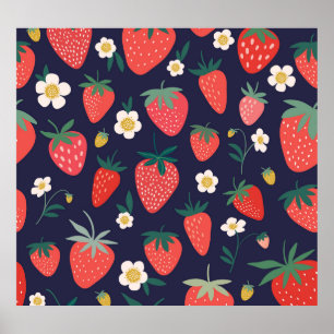 Poster Fleurs de fraises et fruits : Motif décoratif