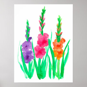 Poster Fleurs de gladiolus Aquarelle violette rose orange