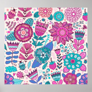 Poster Fleurs de gribouillis botaniques, texture transpar