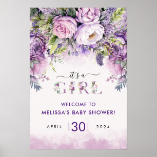 Poster Fleurs de jardin violet et rose Baby shower fille