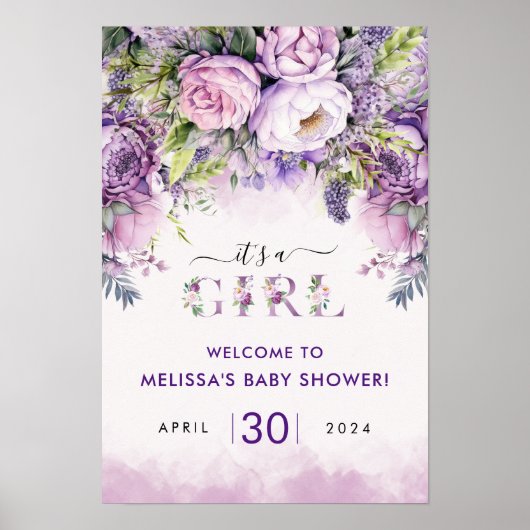 Poster Fleurs de jardin violet et rose Baby shower fille (Devant)