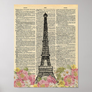 Poster fleurs de la tour Eiffel dictionnaire vintage page