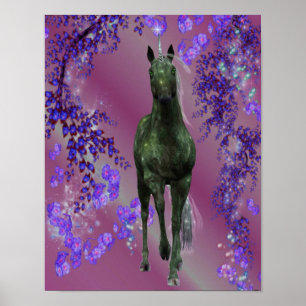 Poster Fleurs de licorne noire Imaginaire Cheval Art