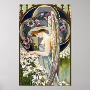 Poster Fleurs de lys de Pâques vintage et ange victorien