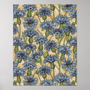 Poster Fleurs de maïs bleues, fleurs sauvages sur le jaun