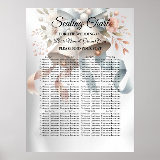 Poster Fleurs de mariage cloches Rubans bleu rose Beau (Devant)