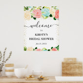 Poster Fleurs de mariage rose menthe aquarelle Bienvenue (Cuisine)