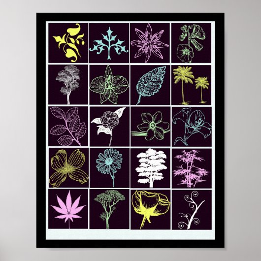 Poster Fleurs de néon et silhouette Plante (Devant)