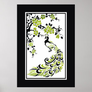 Poster Fleurs de paon noir, vert et cerisier