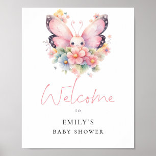 Poster Fleurs de papillon modernes Bienvenue Baby Shower