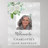 Poster Fleurs de parties scintillant en argent d'annivers (Devant)