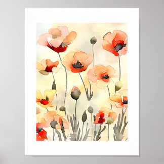 Poster Fleurs de pavot Aquarelle peinture minimaliste