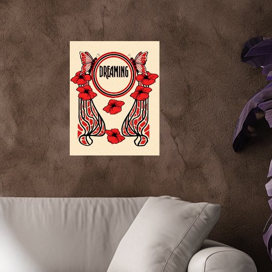 Poster Fleurs de pavot rouge Papillon Rêve Abstrait