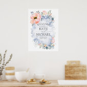 Poster Fleurs de Pêche et verdure Dusty Blue Welcome (Cuisine)