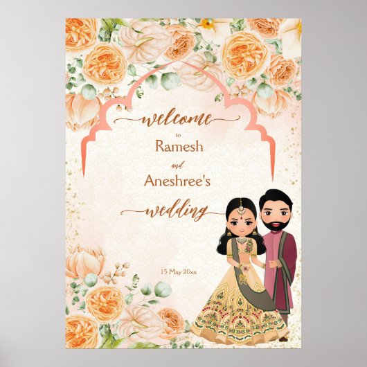 Poster Fleurs de pêche mignonne couple de mariés indiens (Devant)