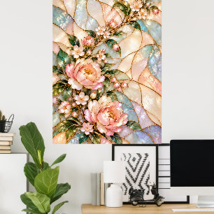 Poster Fleurs de pivoine roses avec flore de nacre bleue