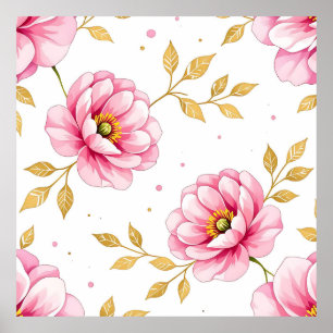 Poster Fleurs de pivoine roses motif feuilles dorées