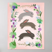 Poster Fleurs de printemps et lapins bondissants | (Devant)