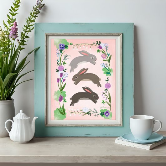 Poster Fleurs de printemps et lapins bondissants |