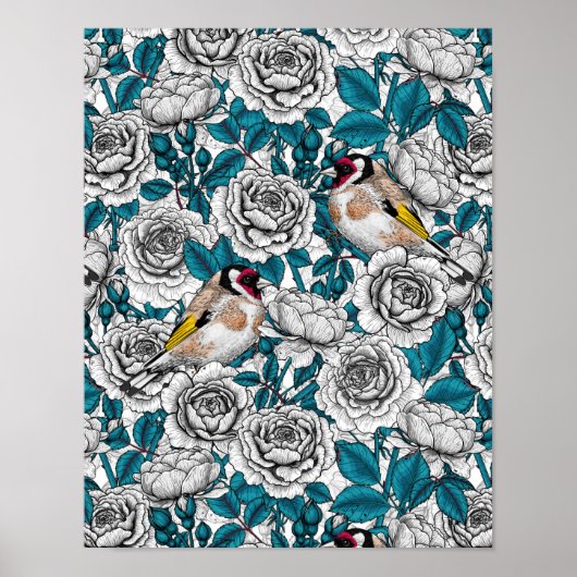Poster Fleurs de roses blanches et oiseaux d'or (Devant)